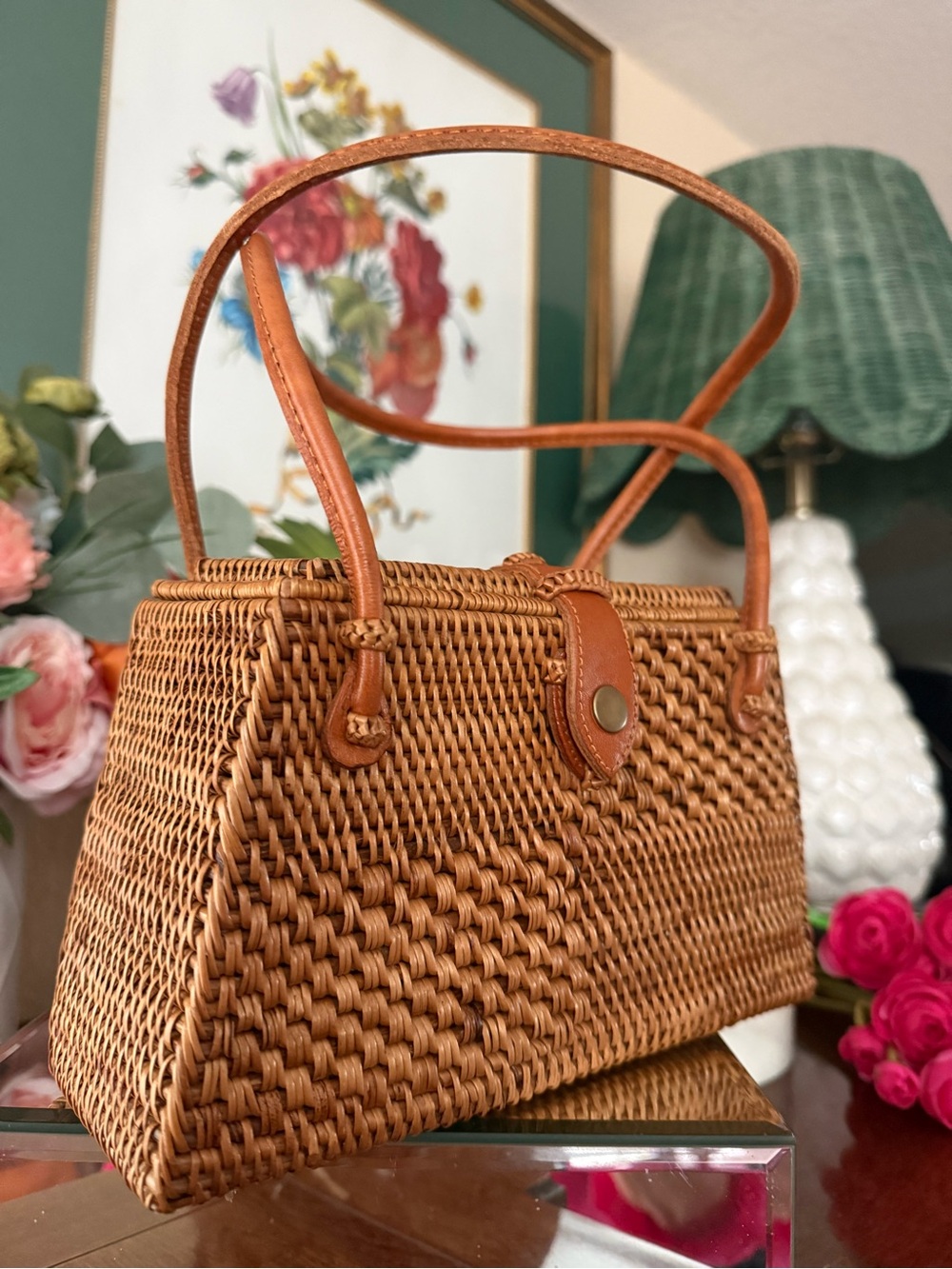 Bali style NWOT Woven Rattan Shoulder Bag with Leather Trim - Tan